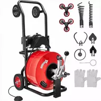 Kanalizacijos valymo mašina 100mm–200mm vamzdžiams, automatinio padavimo gyvatukas, nešiojamas įrenginys su ratais, 30m trosas, vamzdžių atkimšimo įranga