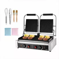 Komercinis kontaktinis grilis, 3600W elektrinis dvigubas sumuštinių kepuvas, nerūdijantis plienas, 48x23cm rifliuota emalio plokštė, profesionalus prietaisas mėsai ir kepsniams