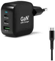 PORT CONNECT GaN2 wall charger for 2×USB-C PD and USB-A QC, 65W, Juodas