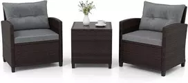 Lauko baldų komplektas GIANTEX sodo baldų komplektas iš ratano, 2 foteliai ir stalas, pilki, su pagalvėlėmis
