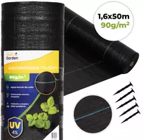 Juodas UV spinduliams atsparus agroaudinys 90 g/m² piktžolių kontrolės danga 1,6 × 50 m, smeigtukai, MultiGarden