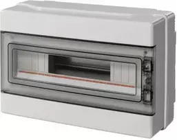 Elettrocanali EC62018E Modulinis skirstomasis skydas 1x18 n/t, be halogenų, transp. durys, IP65, N+PE bėgis, pilka 1000V AC 1500V DC PV UV 290x390x140, EC62018E.