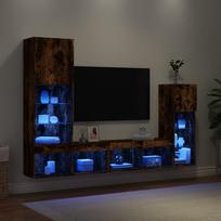 Sieninė TV sekcija su LED, 4 dalių, dūminio ąžuolo, mediena