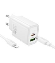 Baltas 30W GaN 1xUSB-C + 1xUSB-A pakrovėjas + USB-C - Lightning 100cm laidas "Hoco N63"
