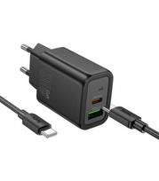 Juodas 30W GaN 1xUSB-C + 1xUSB-A pakrovėjas + USB-C - USB-C 100cm laidas "Hoco N63"