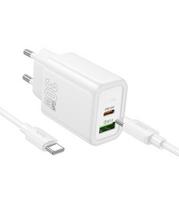 Baltas 30W GaN 1xUSB-C + 1xUSB-A pakrovėjas + USB-C - USB-C 100cm laidas "Hoco N63"