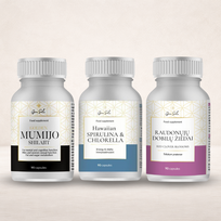 -30% Golden Mumijo Shilajit + Hawaiian Spirulina & Chlorella + Raudonųjų dobilų žiedai