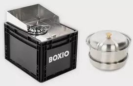 BOXIO dujinė stovyklavimo viryklė su indų rinkiniu, vėjo apsauga, nerūdijančio plieno korpusu, 1500 W, BOX-COOK-P-10