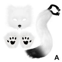 Fox Costume Set Cosplay Halloween Costume Plush Masque Fluffy Paw Gloves Halloween Party Accessories Faux Fur Fox Tail Set One Size balta