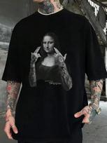 2025 Summer Men's Mona Lisa Funny Action Print Retro Street Loose Short Sleeve T-shirt, Fashionable Short Sleeve Clothing. S