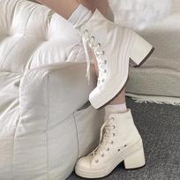 New Canvas Shoes Women's Retro High Heels Thick Heels High Top Round Toe Thin Belt Waterproof Platform Elevated Shoes 36 balta