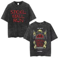 Anime Jojo Bizarre Adventure STEEL BALL RUN Vintage Acid Washed T Shirt Men Women Cotton Casual Short Sleeves Tshirt Streetwear L