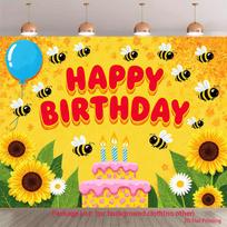 2D Yellow Bee Birthday Backdrop, Sunflower Happy Birthday Background for Photoshoot 47.2x31.5inch/120*80cm