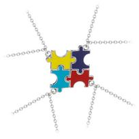 BFF 4 Pcs Puzzle Pendant Necklace Set Aqua Blue Yellow Red Enamel Choker Chain For Girls Bestie Best Friends Friendship Gift 50cm