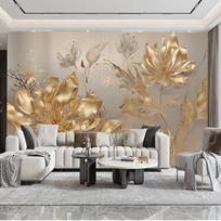 3D tapetai Modernus lengvas prabangus 3D auksinės gėlės meno freska Svetainė Miegamasis Sofa Namų dekoras Sienų freskos 200 cm(W) x 140 cm(H) beige