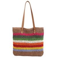 New Rainbow Single Shoulder Straw Woven Bag with Stripes, Hand Woven Bag, Large Capacity Tote Bag, Women's Vacation Beach Bag chaki