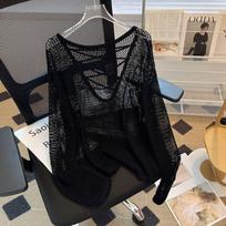 Knitted T Shirt for Women Thin Transparent Sunscreen Solid Ropa De Mujer Loose Korean Fashion Hollow Out Sexy T-shirts S juoda balta spalva