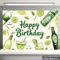 2D Green Cocktail Happy Birthday Backdrop with Lime and Wine Bottles Party Photo Background 47.2x31.5inch/120*80cm