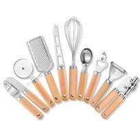 Kitchen 9Pcs Gadget Set With Wooden Handle Stainless Steel Cooking Tools Kitchen Accessories Pizza Cutter Egg Whisk Vegetable