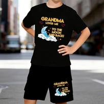 Boys 2 Piece  NANA  Themed Printed Outfit, Short Sleeve T-Shirt and Shorts Set for Kids Age 5-14,white,Black Sporty Casual Summer Clothes 5-6 Years juoda