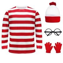 Anime Where is Wally Cosplay Costume Waldo Disguise Red White Striped Shirt Glasses for Kids Christmas Halloween Pary Clothes Kids 110