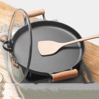ZISIZ 35cm Wood Handle Cast Iron Frying Pan with Glass Lid