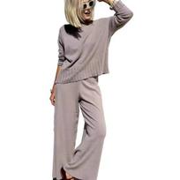 2 Pcs/Set Women Top Pants Suit Round Neck Long Sleeves Knitted Solid Color Sweatshirt Elastic Waist Trousers Daily Wear M kupranugaris