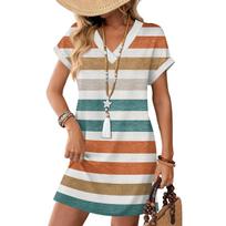 Women's Fashion Striped Print V-Neck Short Sleeve Pocket Casual Pullover Dress XXXL oranžinė