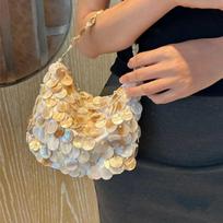 Luxury Sequin Internal Chain Crossbody Shoulder Bag Shell Wooden Circular Handle Handbag,Women Beach Travel Tote Bag smėlis
