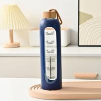 32oz 1L Time-marked Glass Water Bottles Portable Drink Bottle Bamboo Lid Free of Lead Motivational Sport Silicone Sleeve Bottle 1.0L mėlyna
