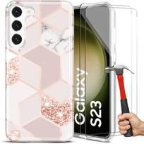 Case for Samsung Galaxy S23 with 2 Tempered Glasses, Pink Marble Pattern Silicone Protection rožinė