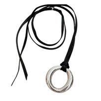 Stylish Silver Tone Round Necklace With Sturdy Leather Cord Accessory for Trendy Men and Women Daily Use Casual Wear 1 sidabras