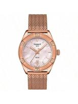Women's quartz watch with pale pink pearl mother-of-pearl dial, golden hands, stainless steel material, rose gold color. T101.910.33.151.00 rožinė