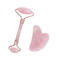 Natural Jade Massage Roller + Guasha Board Spa Scraper Stone Facial Massager Set Q rožinė