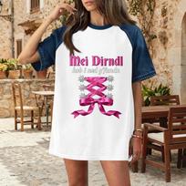Casual Women Denim Patchwork Oktoberfest Print Top Comfortable Short Sleeve T Shirt Loose Fit Fashionable Design XXL balta