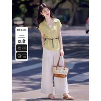 Women's Linen Blend Shirt & Wide-Leg Pants Two-Piece Set M