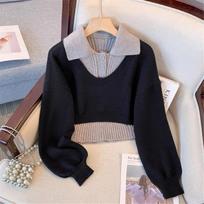 Japanese Lazy Two-piece Sweater Women's New Autumn Age-reducing Foreign Polo Neck Cropped Knit Top One size juoda