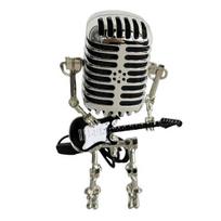 Metalinis mikrofonas, robotas, naktinė lempa, senovinė laikymo gitara, roko mikrofonas, robotas, LED stalinis apšvietimas, darbalaukio puošmena Ornamentas muzikos mylėtojui juoda