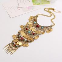 Antique Gold Coin Tassel Pendant Necklace With Multiple Layers For Casual Daily Wear auksas