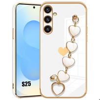 Samsung Galaxy S25 Case, Anti-Scratch Heart Pattern Silicone with Strap - White balta