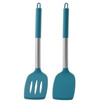 2pcs Food Grade Silicone Stir Fry Spatula Set Stainless Steel Handle Heat Resistant Steak Spatula with Hanging Hole Not Deform mėlyna