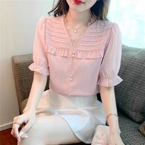 Women's Clothing Summer Fashion Ruffle Lace Patchwork Blouse Elegant Sweet Chic Shirt Casual Solid V Neck Short Sleeve Tops S rožinė