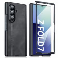 For Samsung Galaxy Z Fold 7 with HD Screen Protector&Hinge Protection,Wireless Charging,Leather Matte PC Shockproof Cover Phone Case-Black juoda