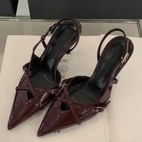 Gatvės stiliaus sagties dirželis Moteriški bateliai smailus priekis ploni aukšti kulniukai Banketui slingback vakarėlio batai Zapatos De Mujer 35 vyno raudonos spalvos