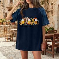 Casual Women Denim Patchwork Oktoberfest Graphic Print Short Sleeve T Shirt Comfortable Loose Fit Summer Top S tamsiai mėlyna