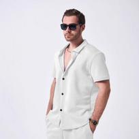 Men Turn Down Collar Short Sleeve Button Up Shirt With Jacquard Texture Loose Fit Casual Daily Tops S balta