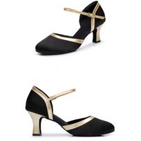 Women Latin Dance Shoes SILK Ballroom Modern Pole Dance Shoes Ladies Salsa Tango Middle Heel Closed Toe Latin Shoes for Girls 34