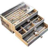 Plastic Velvets Jewelry Organizer 3 Drawers Stackable Display Case for Earrings Necklace Bracelets Accessories Holder pilka spalva