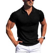 Vyriški polo marškinėliai su V kakleliu Slim Fit trumpomis rankovėmis golfo marškinėliai briaunoti megzti minkšti marškinėliai Vasariniai megztiniai su apykakle vyrams, kvėpuojantys marškinėliai 2XL juoda