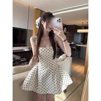 Premium sweet and spicy backless polka dot suspender dress women's summer explosion Spice girl strap waist puffy short skirt tide S- (can be worn within 45kg)